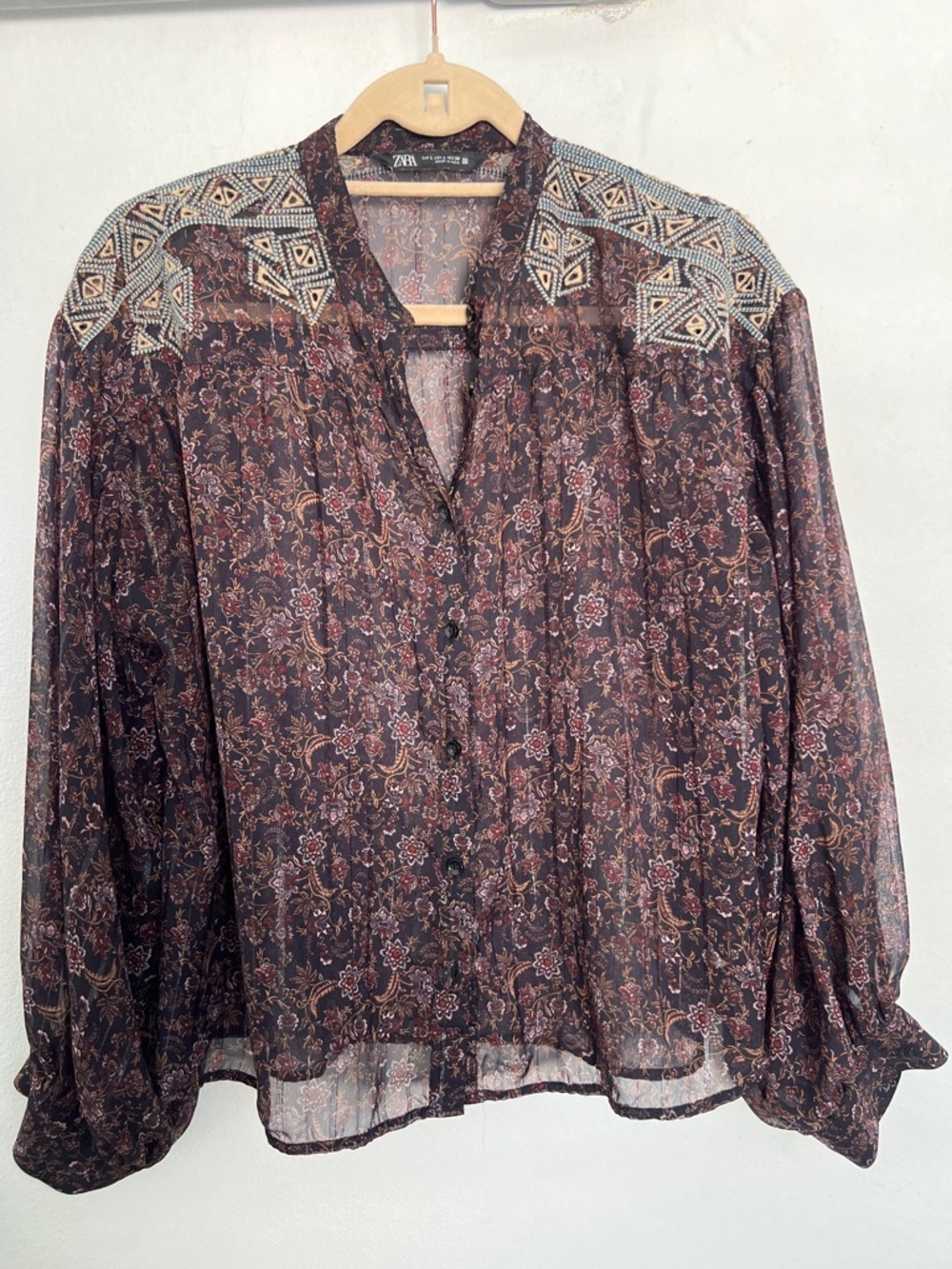 Zara Sheer Floral Button-Up Blouse in Brown and Rust